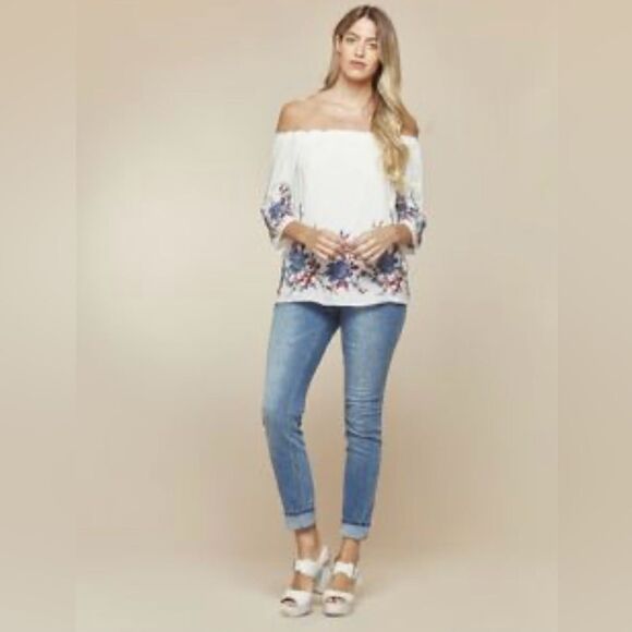 Drew Off the Shoulder Floral Pink and Blue Embroidered Top Ivory White S - Picture 4 of 13
